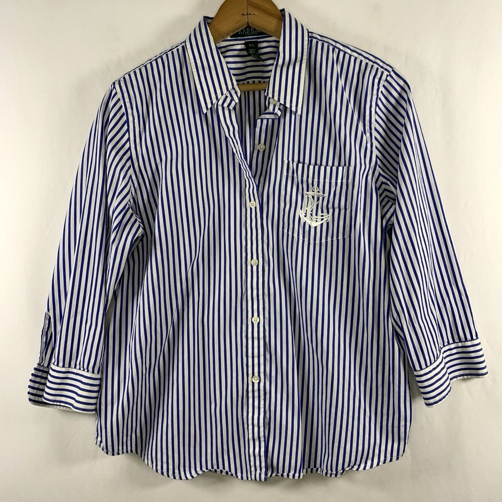 Lauren Ralph Lauren Womens Nautical Anchor Striped Button Top Sz L Petite Preppy